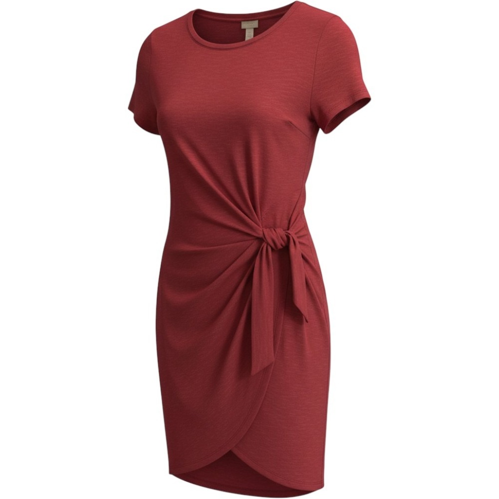 Chicos Red Side Tie Faux Wrap Knit Dress Short Sleeve Slub Cotton Modal Size 2